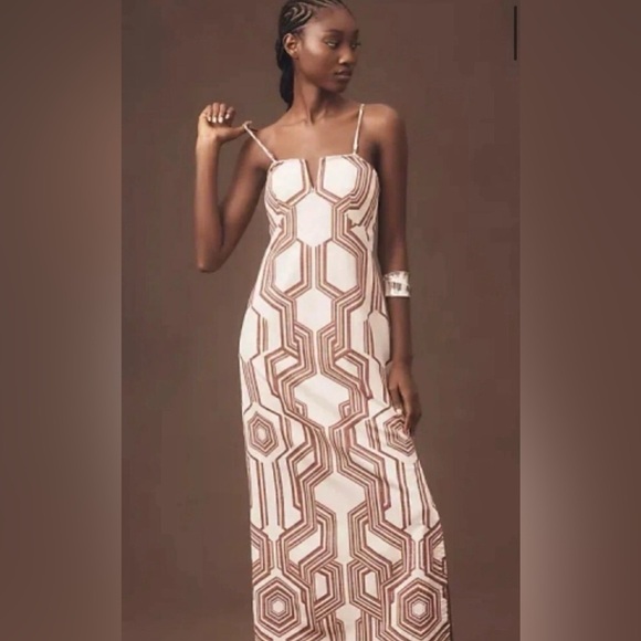 By Anthropologie Strapless Linen Plunge-neck MIDI Dress Size 14 NWT BROWN motif - Picture 3 of 17